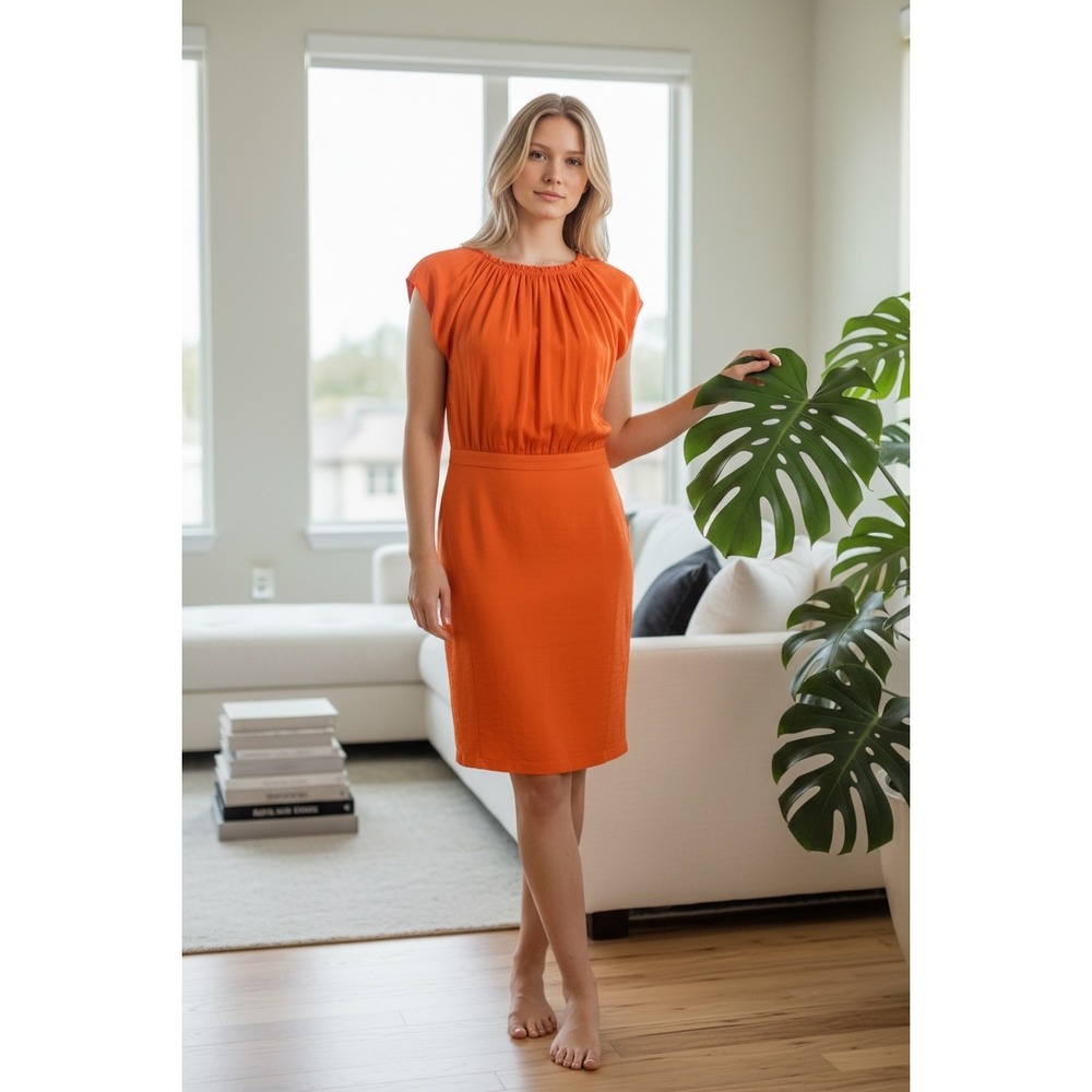 Trina Turk Orange Sheath Dress Ruched Bodice Cap‎ Sleeve Knee Length Size 2